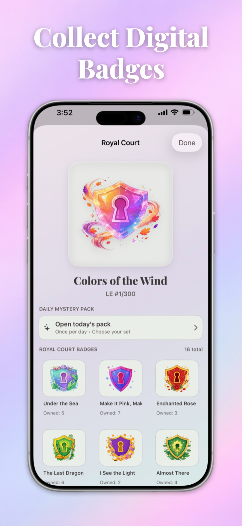 PinVault app screenshot showing digital badges