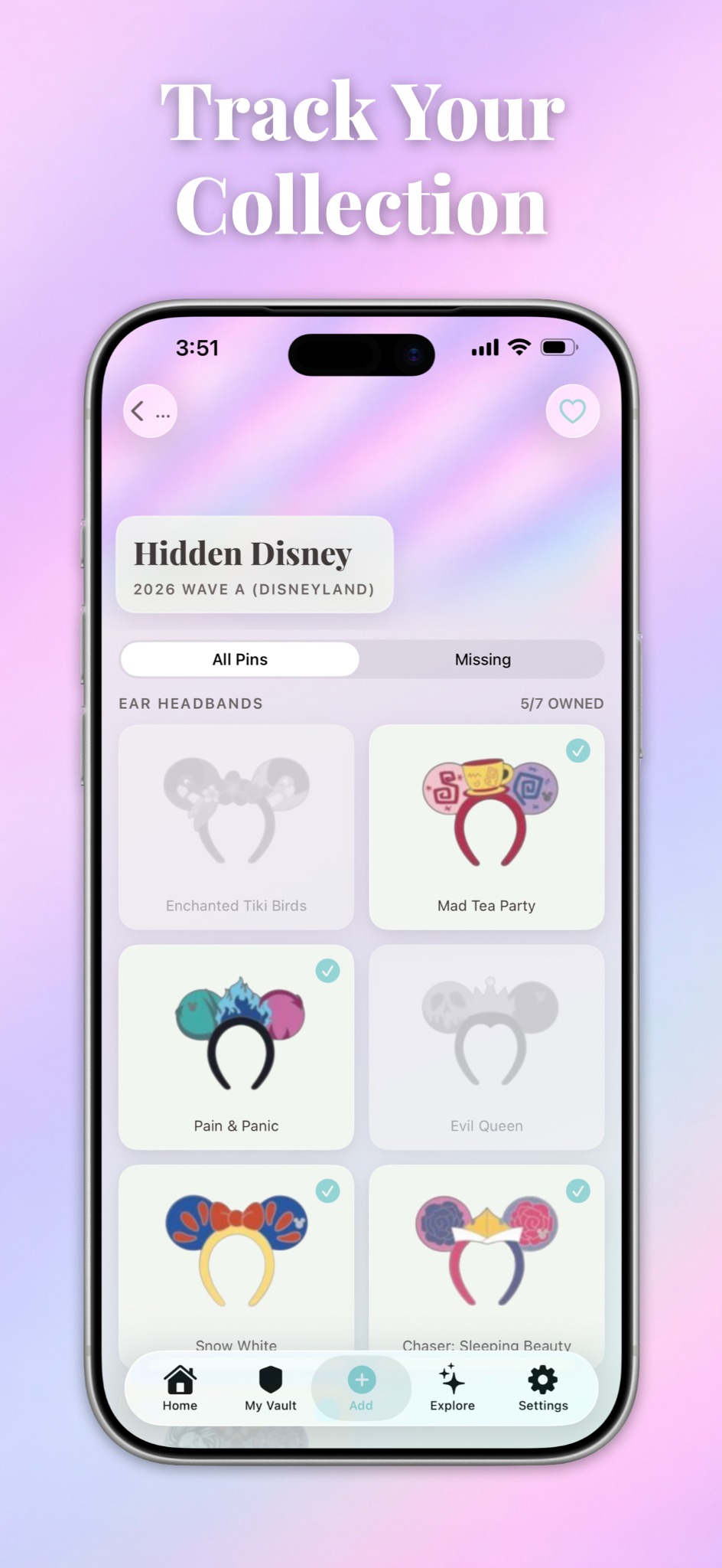 PinVault app screenshot showing collection tracking
