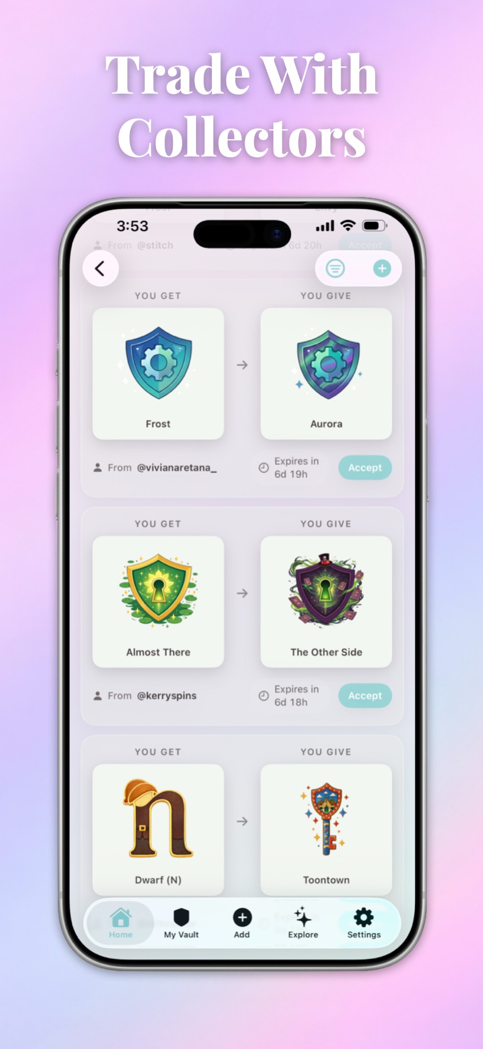 PinVault app screenshot showing collector trades